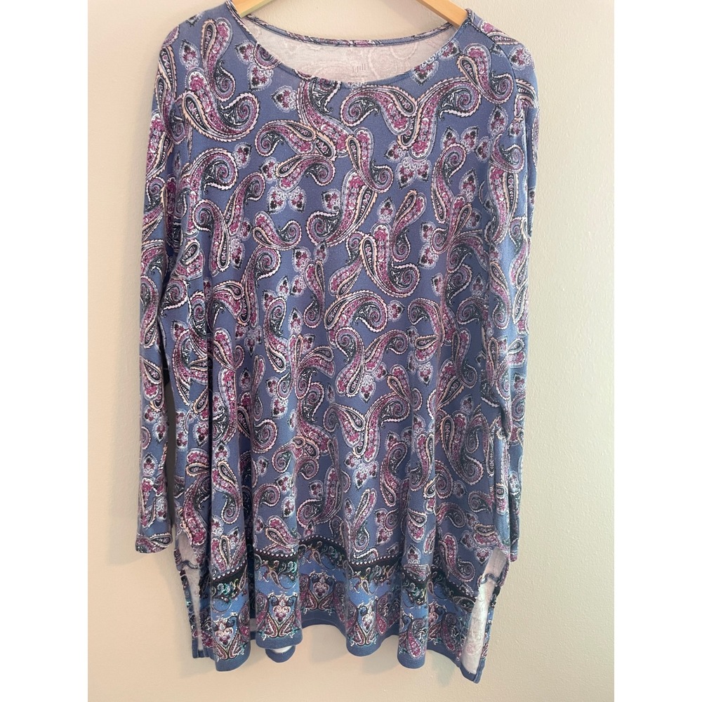 J. Jill Perfect Pima Paisley Tunic Top Womens 2X Long Sleeves Blue Purple